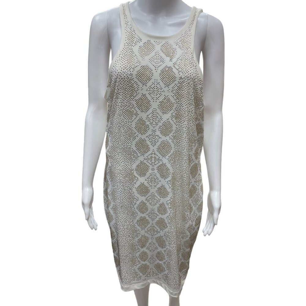 Cache Women Off White Gold and Silver bedazzled studs Sleeveless Dress XL